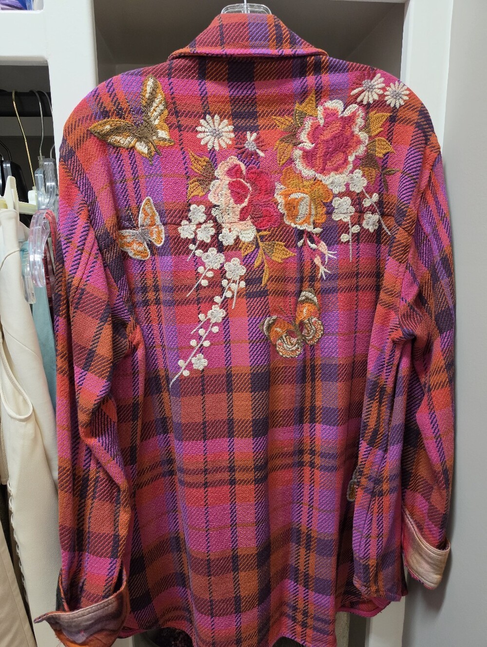 Johnny Was Pink and Orange Plaid Button-Front Shirt Jacket - Picture 3 of 4